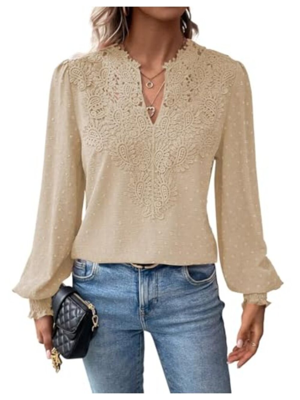 Women Boho Flowy Lace Floral V Neck Long Sleeve Blouse Ruffle Top